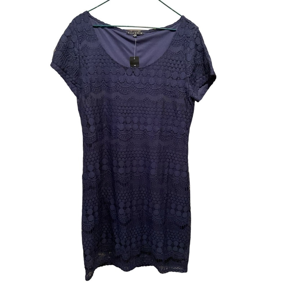 Tiana B Mini Sheath Dress Women Size‎ L Blue Lace Short Sleeve Round Neck Nylon
